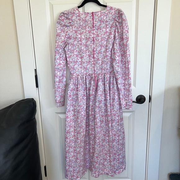 Vintage 80s Laura Ashley Long Sleeve Pink Floral Cotton Midi Dress Size 12 - Picture 10 of 10